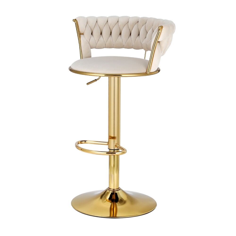 2x Bar Stools Gas Lift Velvet Woven Backrest Ivory Price