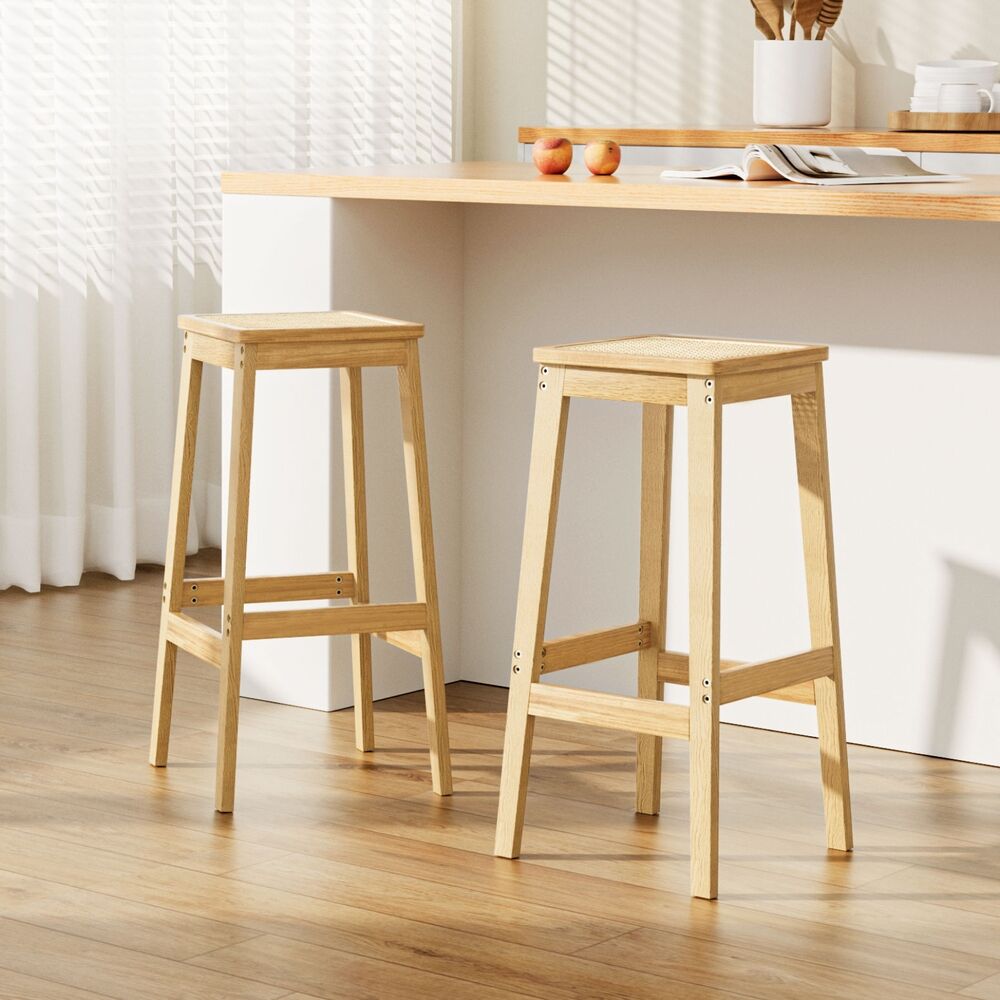 2x Bar Stools Rubber Wood Stool Counter Chair Rattan Barstools Kitchen Price