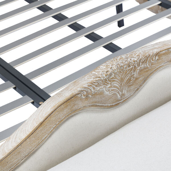 Queen Bed Frame Linen Fabric Beige Oak Wood White Washed Finish Mattress Support Price