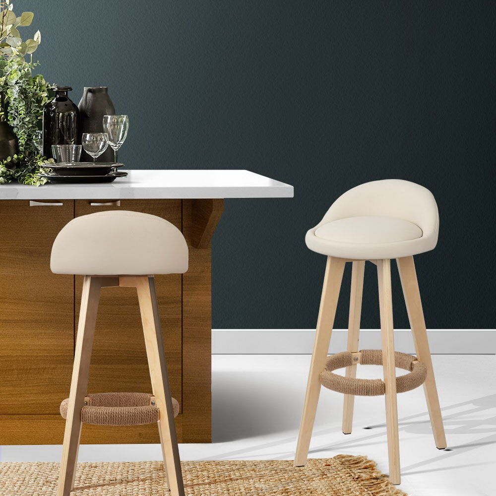 Artiss 2x Bar Stools Padded Leather Wooden Beige Price