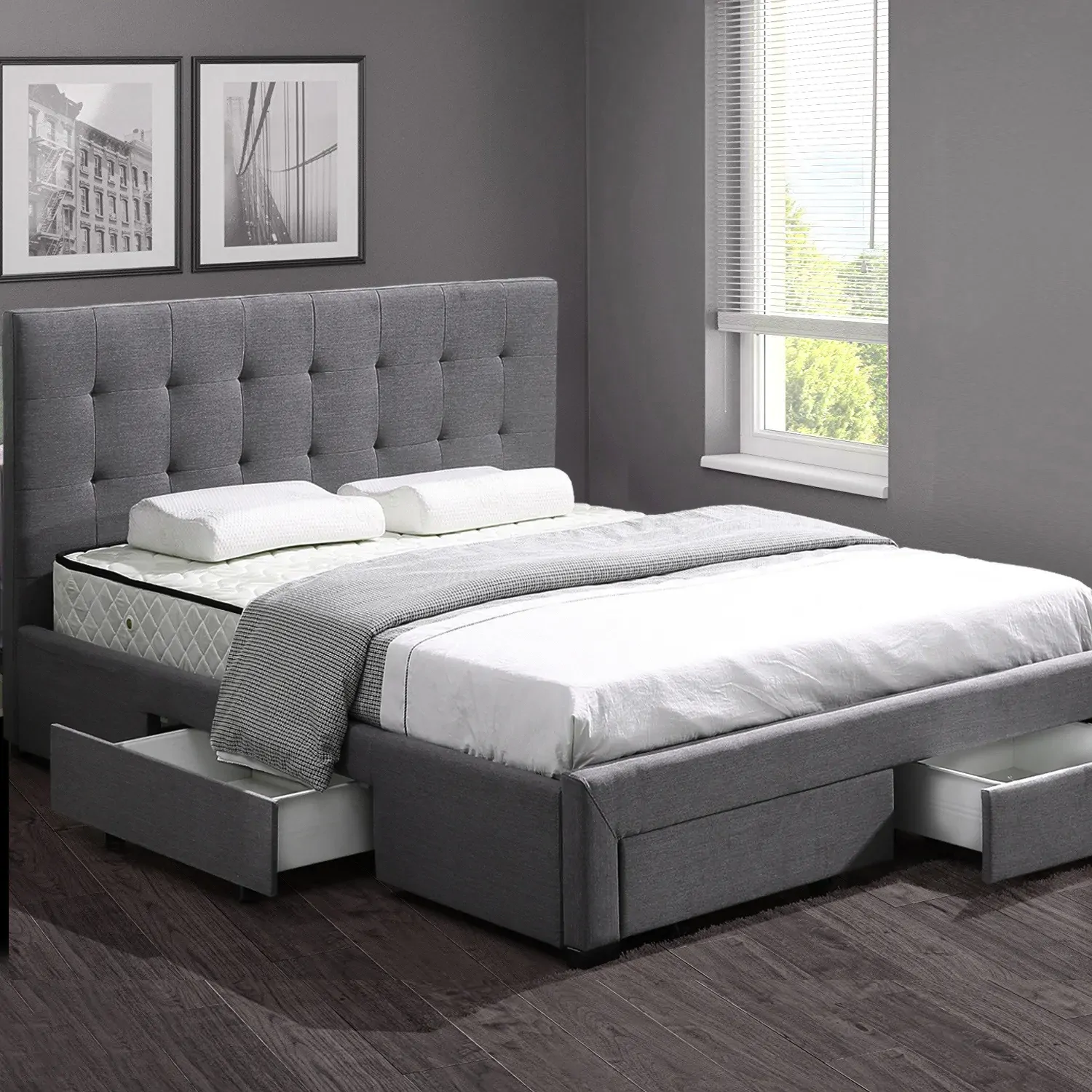 King Bed Frame Fabric 4 Storage Dark Grey Price