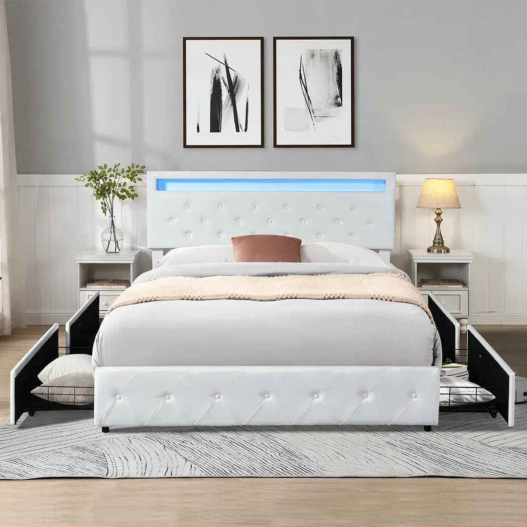 Queen Bed Frame RGB LED PU 4 Drawer USB Price