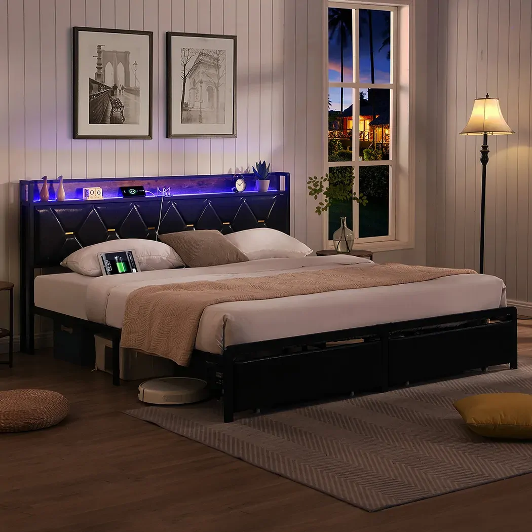levede double metal bed frame led lights 2 drawers Price