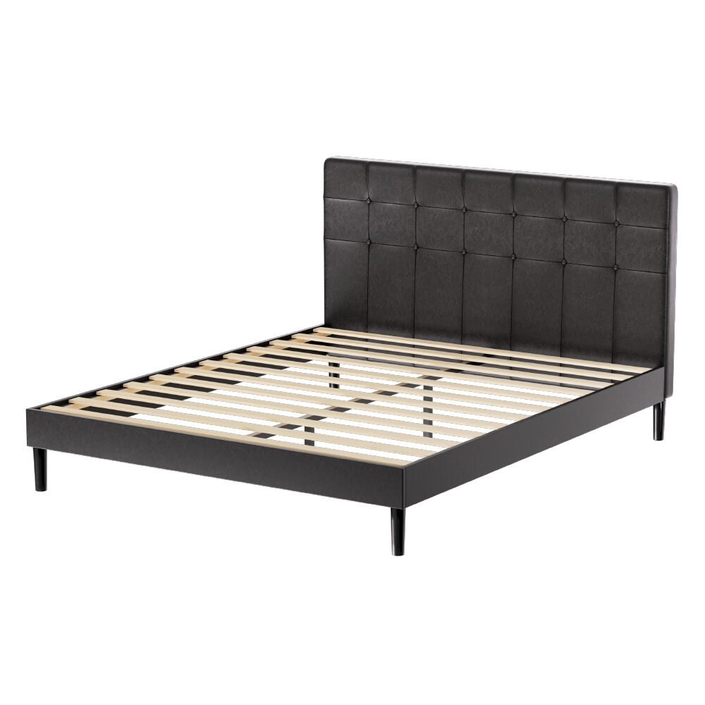 Bed Frame Queen Bed Base w LED Lights Charge Ports Black Leather RAVI Price