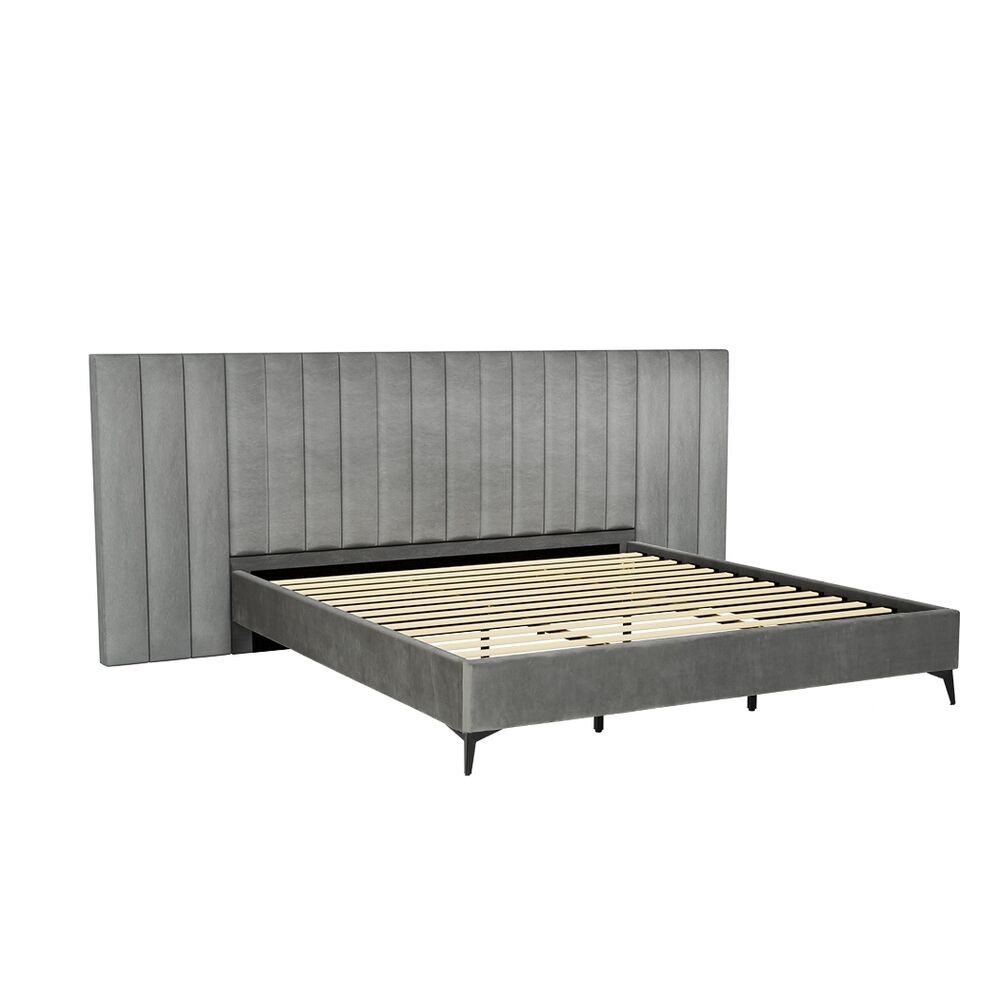 Bed Frame King Size Bed Base w Oversized Headboard Velvet Fabric Grey Price