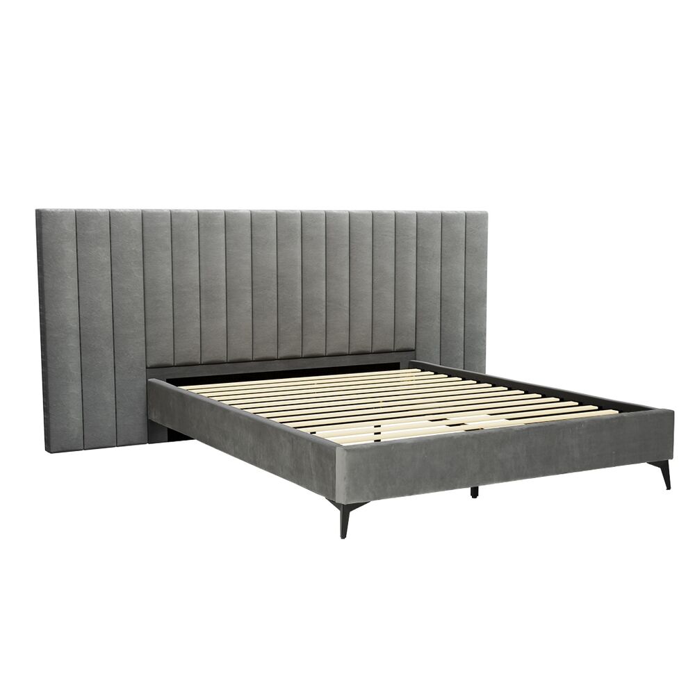 Bed Frame Queen Size Bed Base w Oversized Headboard Velvet Fabric Grey Price