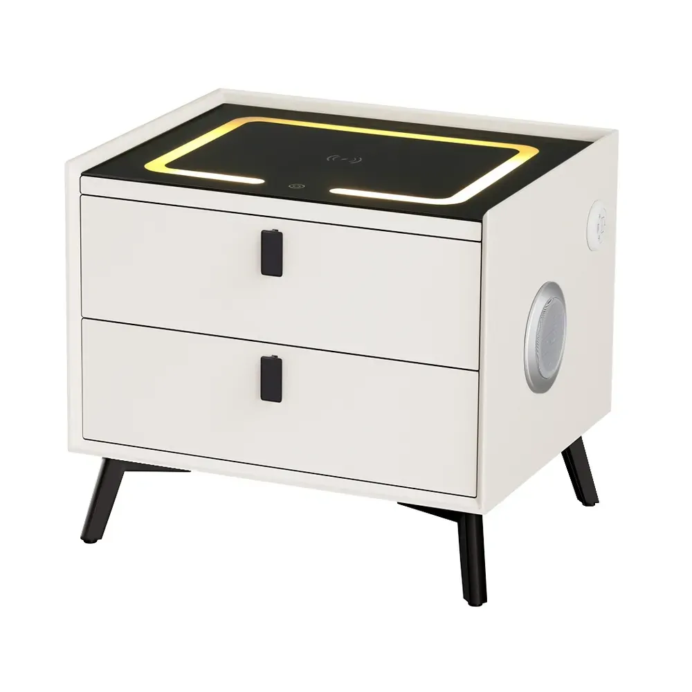 Smart Bedside Table 2 Drawers with Wireless Charging Ports LED White AIKA Price
