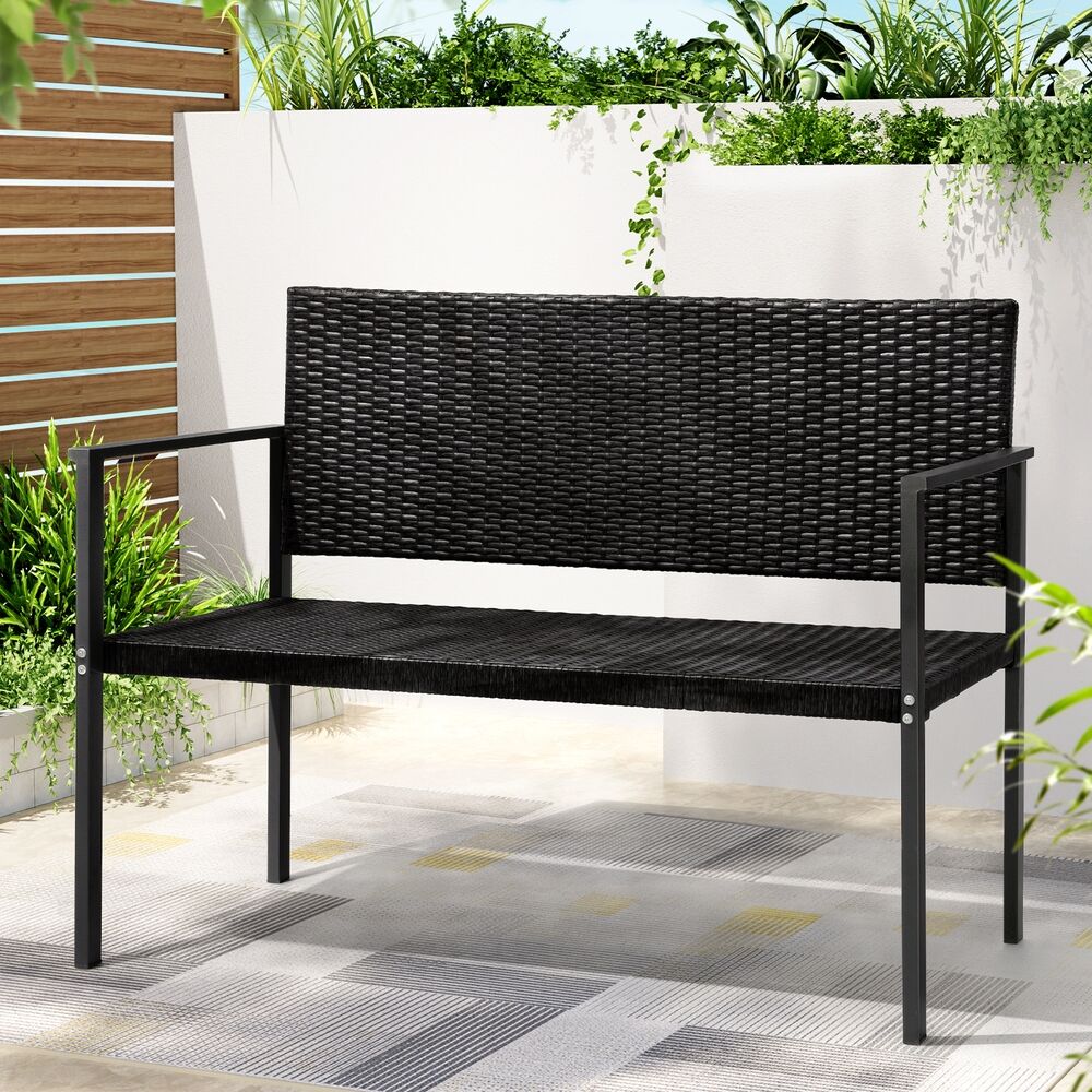 Gardeon Outdoor Garden Bench Seat Rattan Chair Steel Patio Furniture Park Black Price