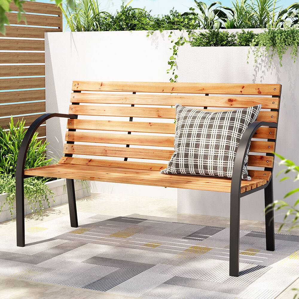 Outdoor Garden Bench Seat 120cm Wooden Steel 2 Seater Patio Furniture Natural Price