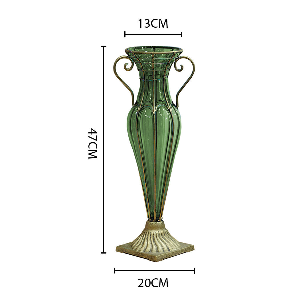 green colored european glass flower vase solid base with two gold metal handle Price