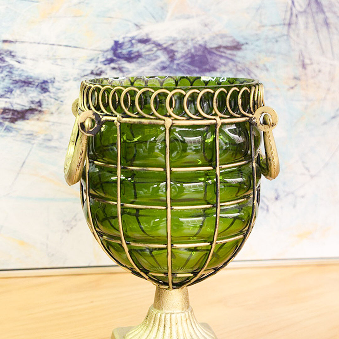 Green Colored European Glass Jar Flower Vase Solid Base with Metal Handle Price