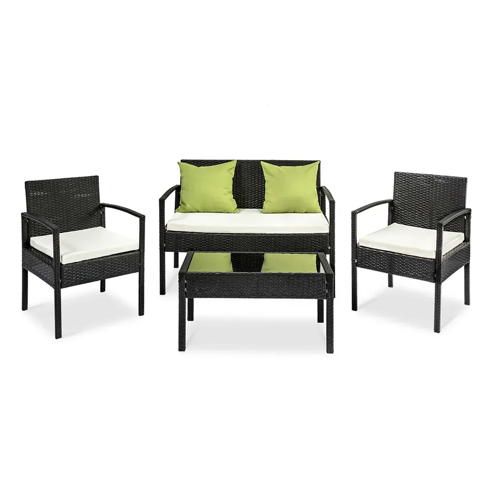 4 Seater Sofa Set Outdoor Furniture Lounge Setting Wicker Chairs Table Rattan Lounger Bistro Patio Garden Cushions Black Price