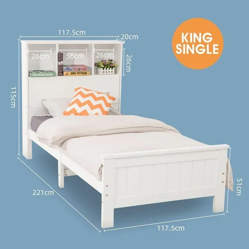 Weetulta Solid Pine Timber Bed Frame with Bookshelf Storage Headboard- White Price