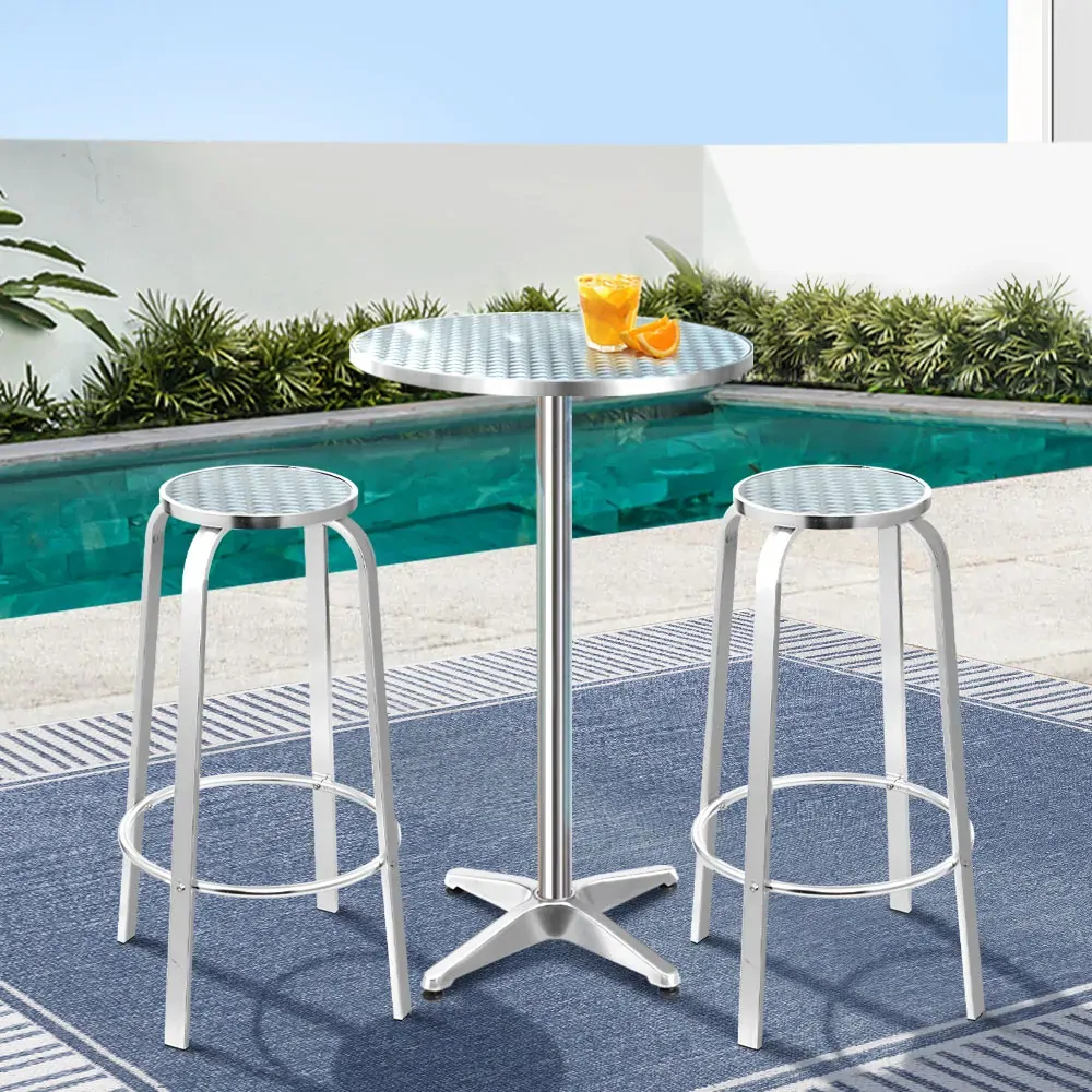 Outdoor Bistro Set Bar Table Stools Adjustable Aluminium Cafe 3PC Price