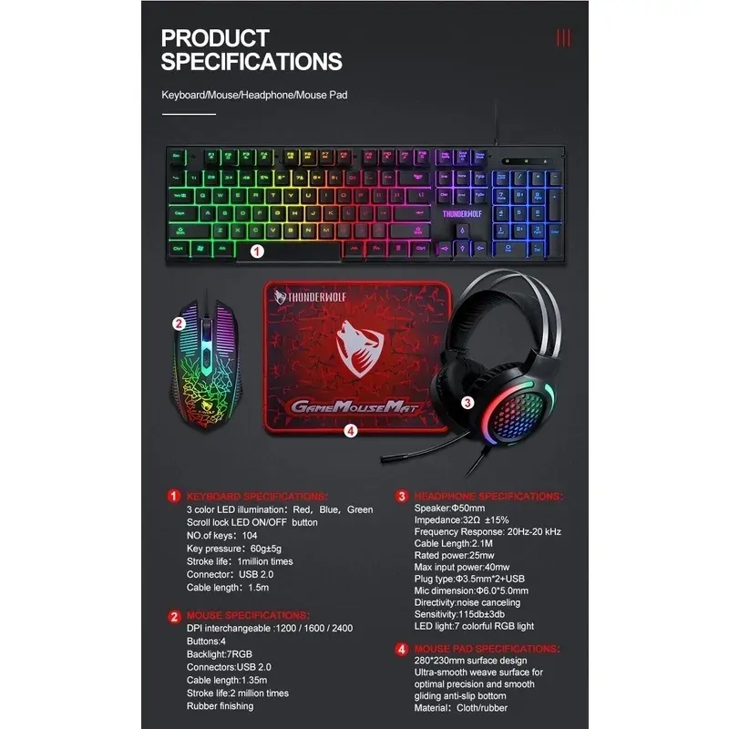 T-Wolf 4-pcs Rainbow Keyboard/Mouse/Headphone/Mouse Pad Kit Set Price