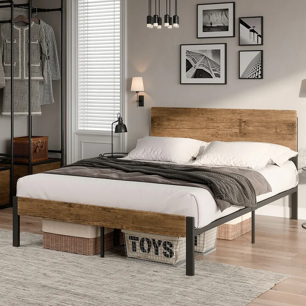 Adrian Metal Bed Frame Mattress Base Platform Wooden Headboard Brown Price
