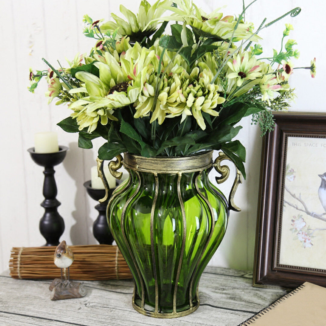 Colored European Glass Home Decor Flower Vase with Two Metal Handle Price