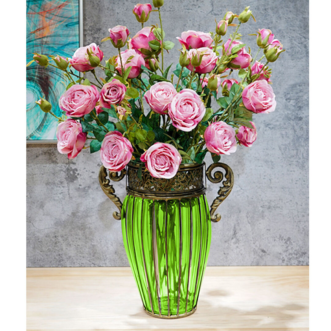 European Colored Glass Home Decor Jar Flower Vase with Two Metal Handle Price