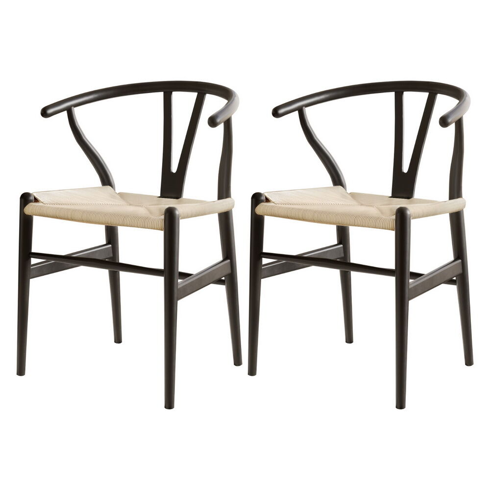 1 Set of 2 Artiss Dining Chairs Wooden Rattan Wishbone Black Price