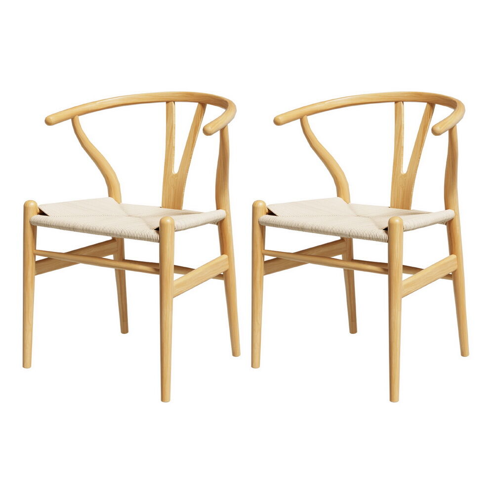 1 Set of 2 Artiss Dining Chairs Wooden Rattan Seat Wishbone Back Price