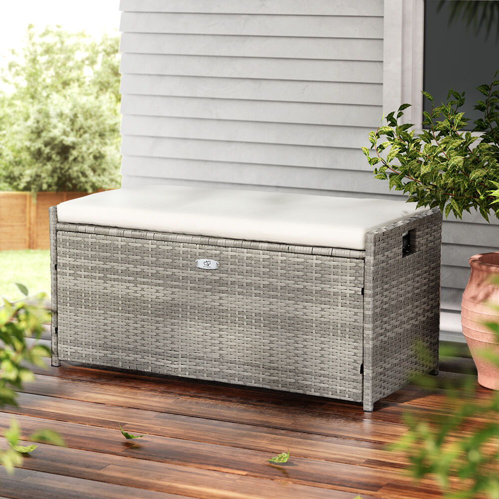 Gardeon Outdoor Storage Bench Box Wicker Garden Sheds Tools Cushion Patio Furniture Grey Price