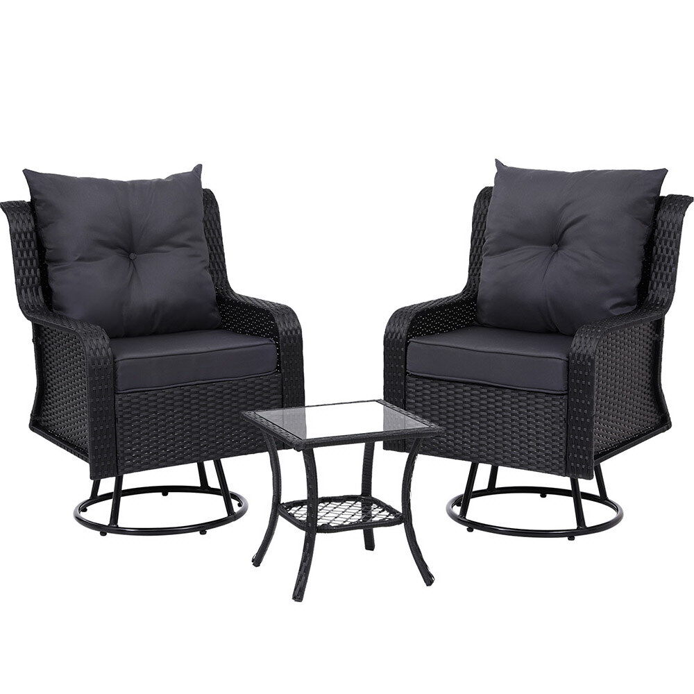 Gardeon 3PC Outdoor Furniture Bistro Set Lounge Wicker Swivel Chairs Table Cushion Black Price