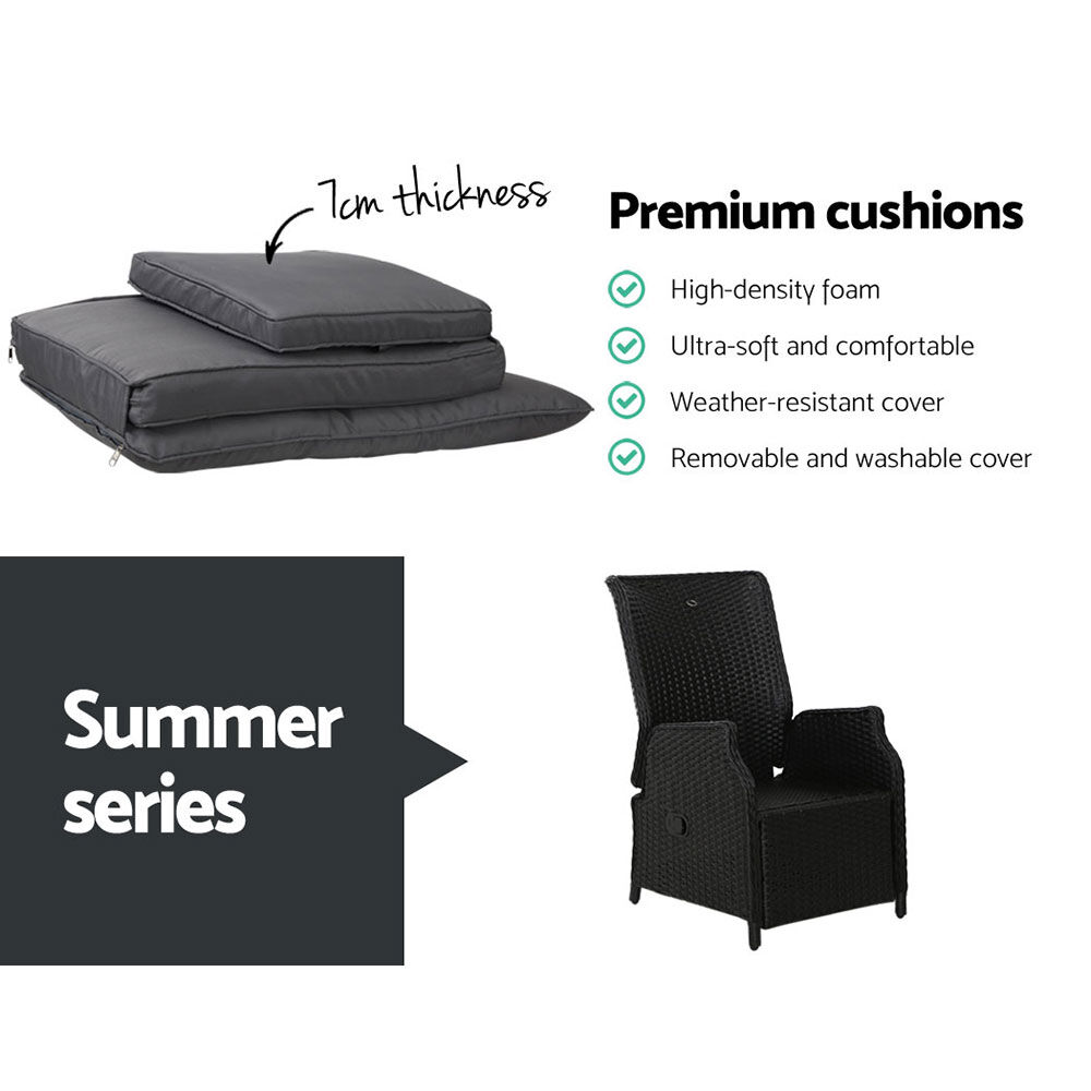 Gardeon 3PC Recliner Chairs Table Sun lounge Outdoor Furniture Wicker Adjustable Black Price