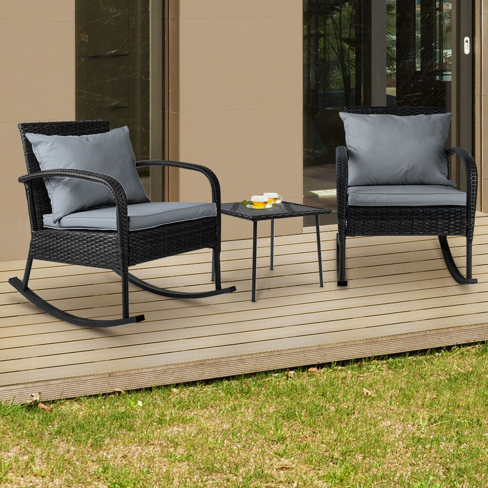3PC Rocking Chair Table Wicker Outdoor Furniture Patio Bistro Set Black Price