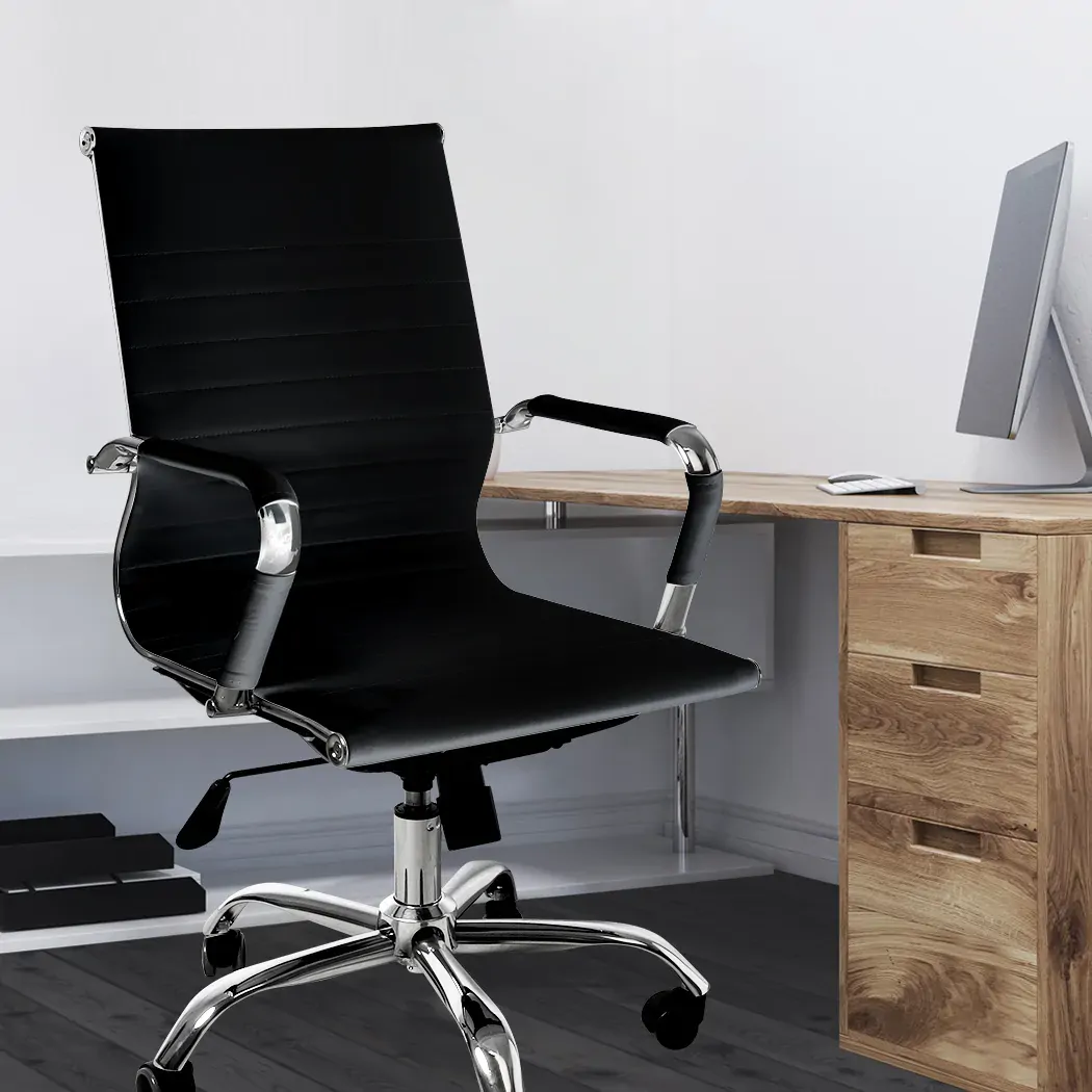 Office Chair Home Work Study Gaming Chairs PU Mat Seat Mid-Back Computer Black Price