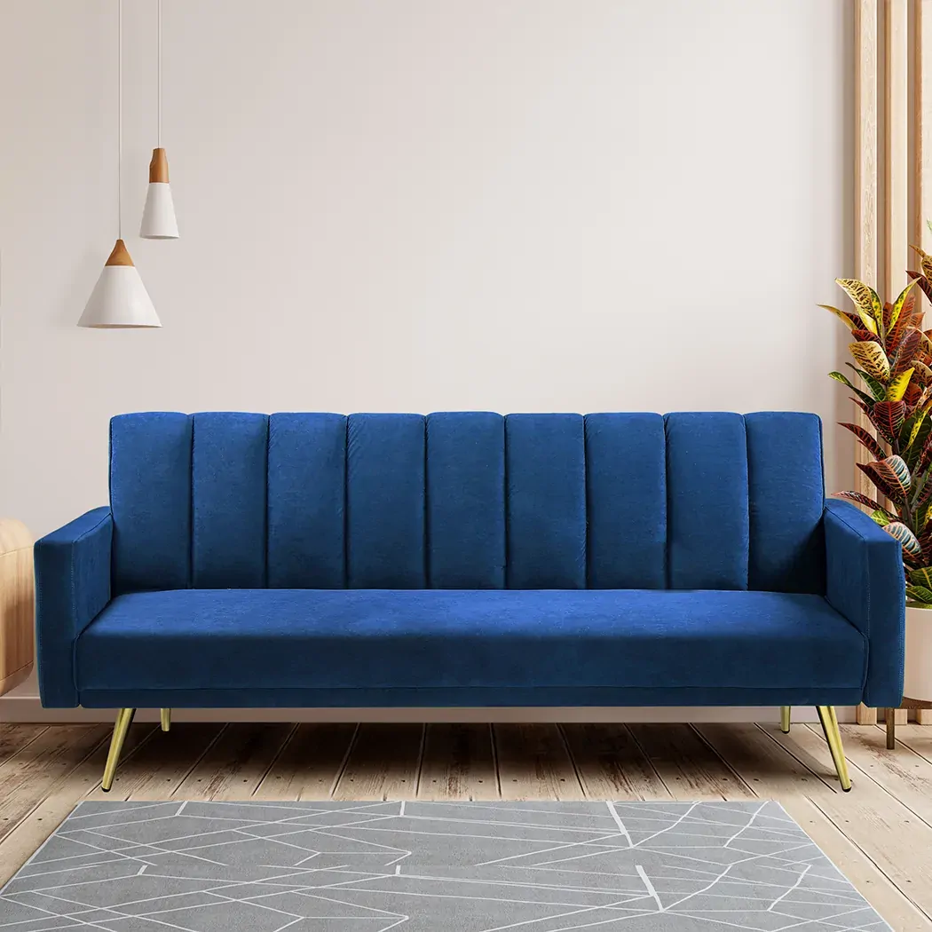 Sofa Bed Convertible Velvet Lounge Recliner Couch Sleeper 3 Seater Blue Price