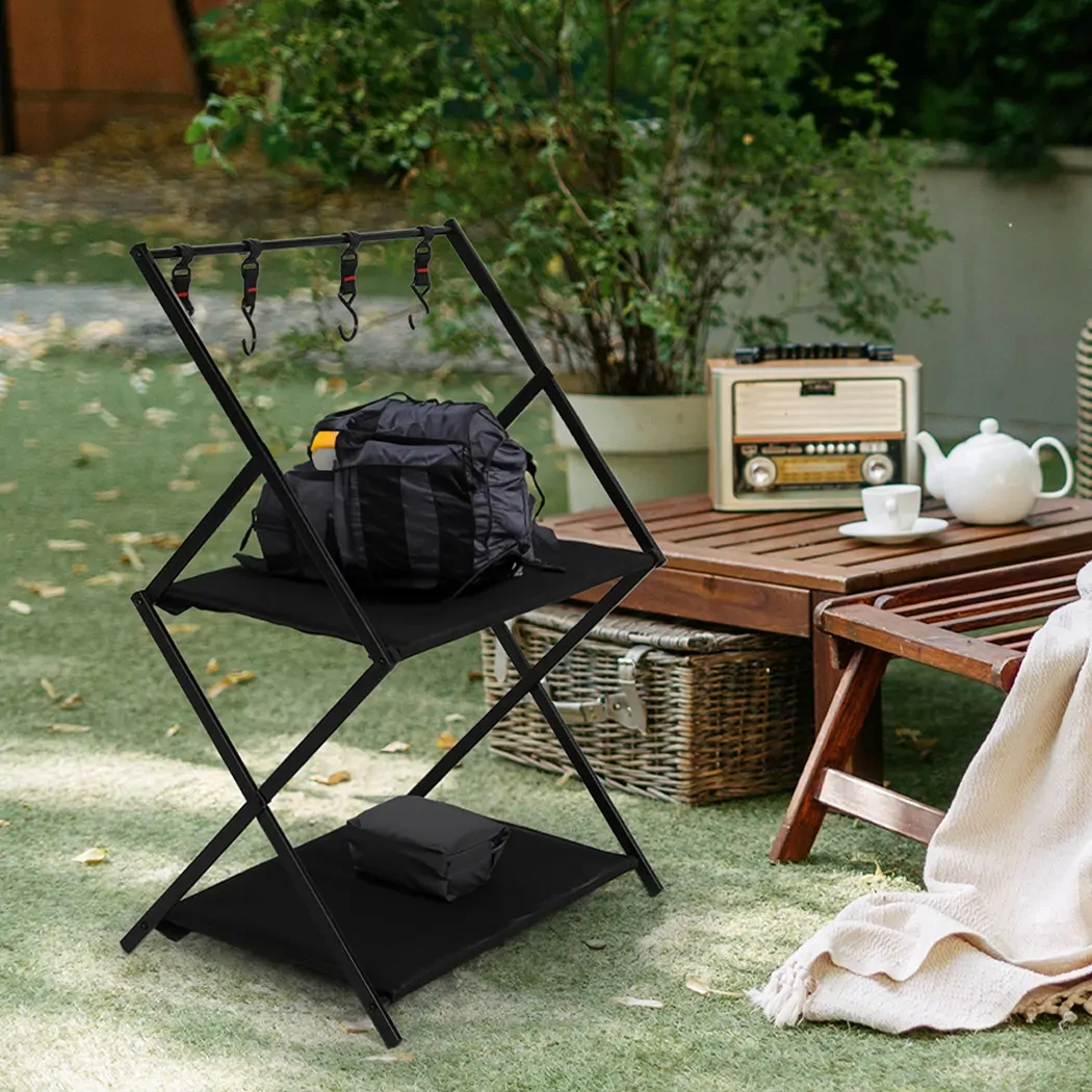Foldable Camping Storage Shelves 2 Layer with Hooks Black Price