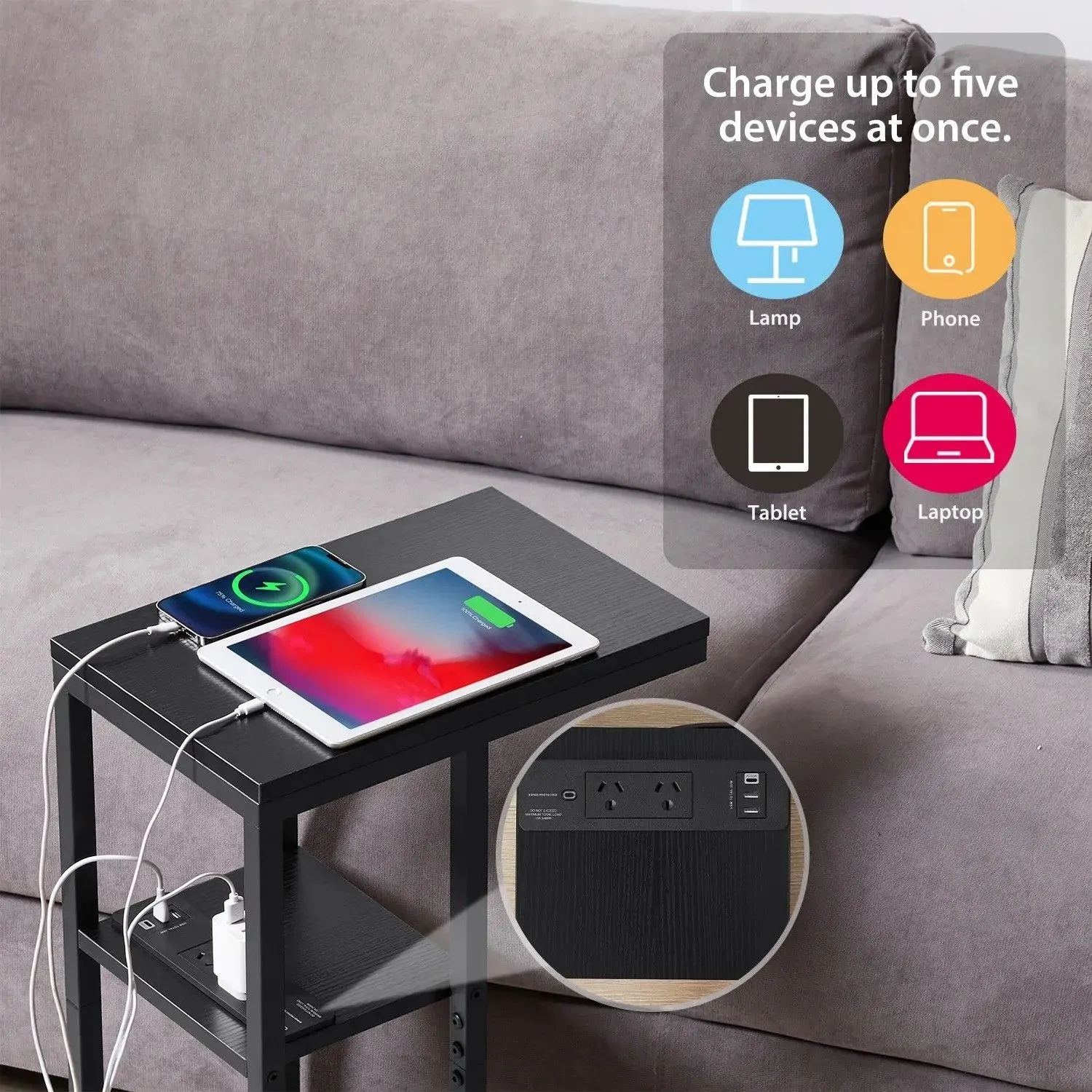 E-Shaped Sofa Side Table with Power Board, Black Price