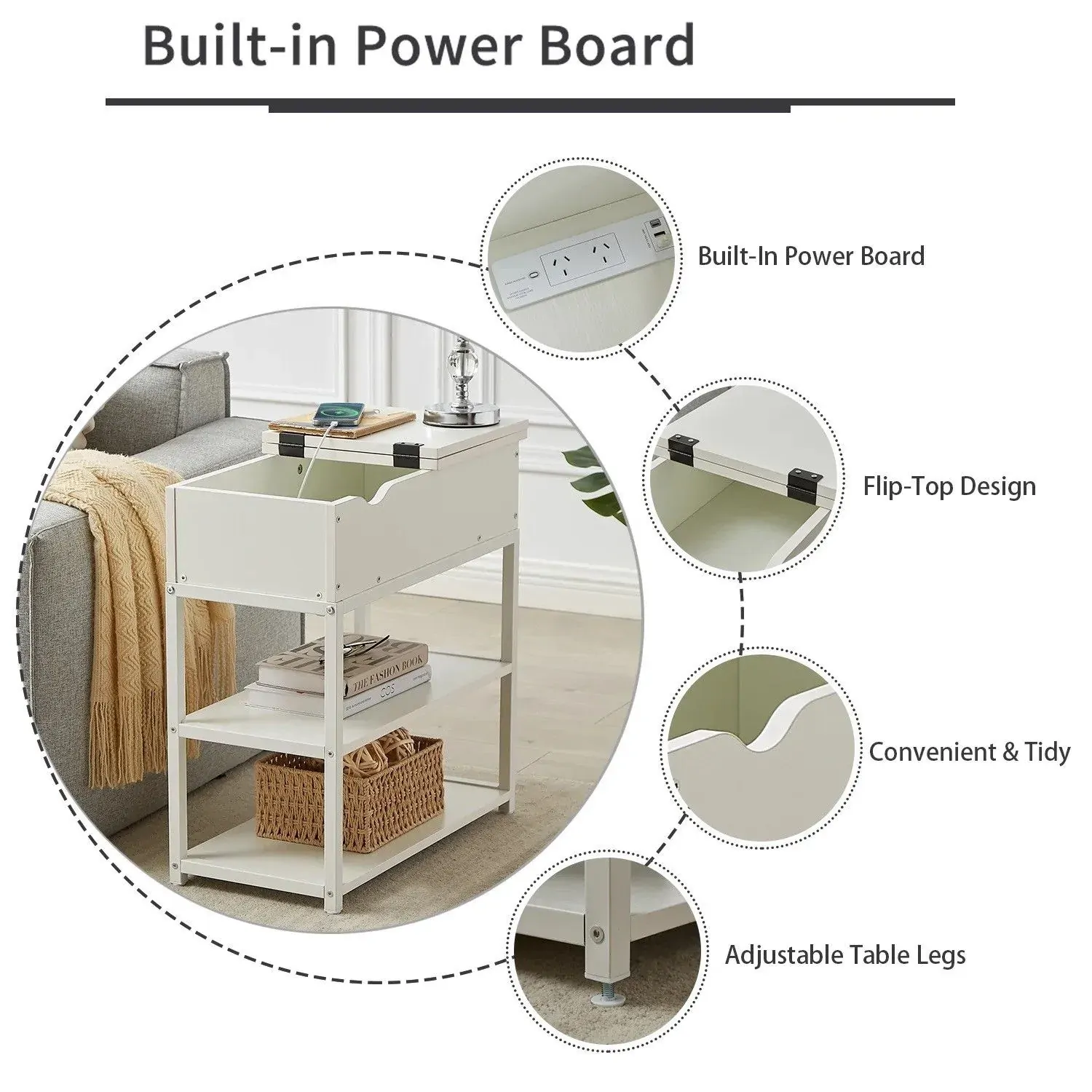 Multi-Tier Bedside Table with Powerboard, White Price
