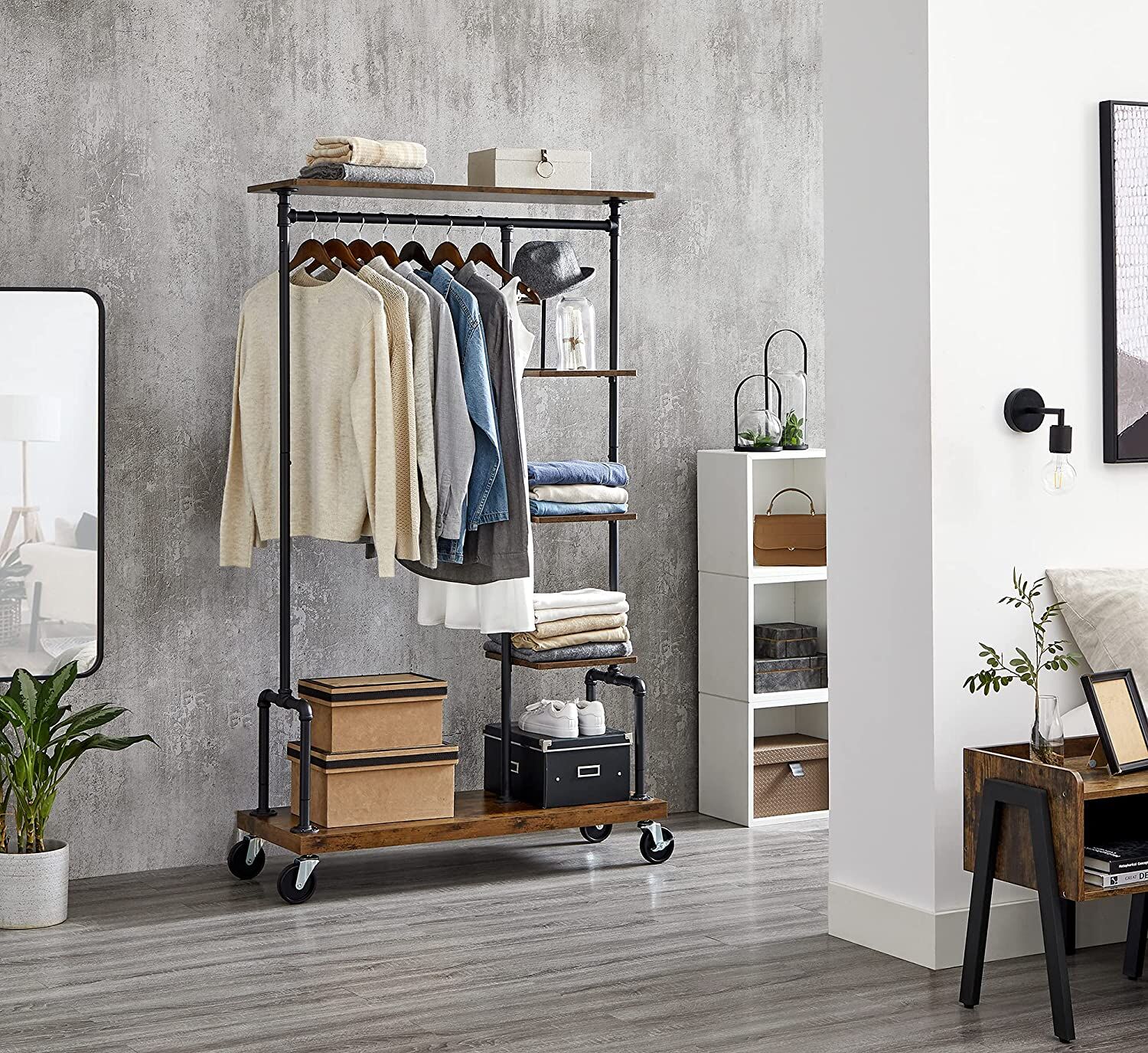 Clothing Garment Rack on Wheels with 5-Tier, Industrial Pipe Style, Rustic Brown Price