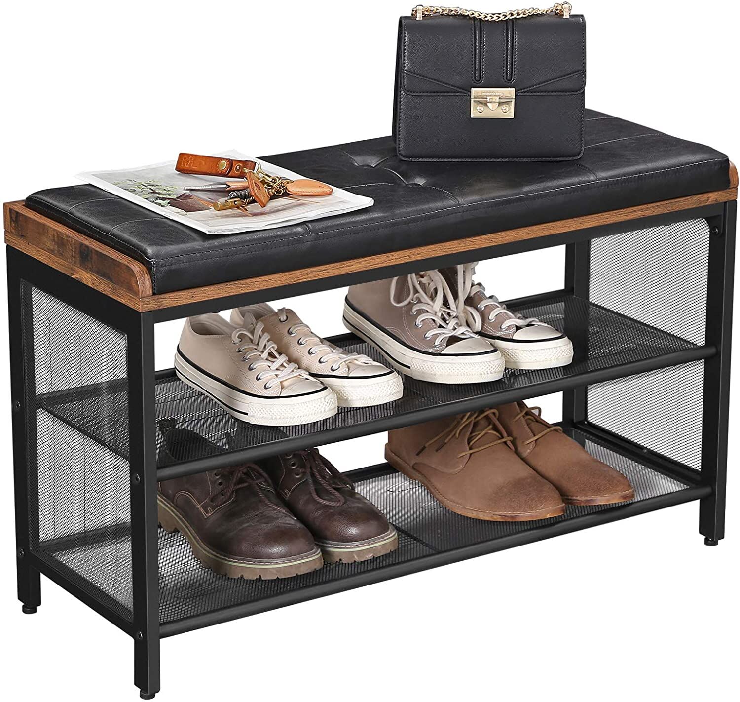 Shoe Bench with Mesh Shelf and Faux Leather Vintage Brown Black 80 x 30 x 48 cm Price