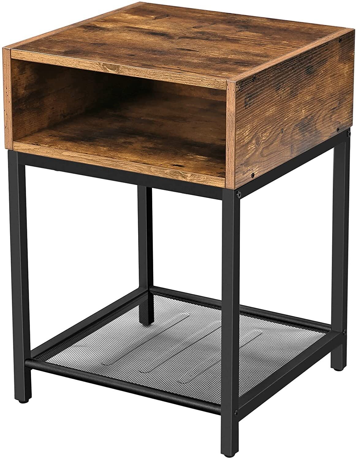 Side Table with Open Compartment and Mesh Shelf Rustic Brown and Black Price