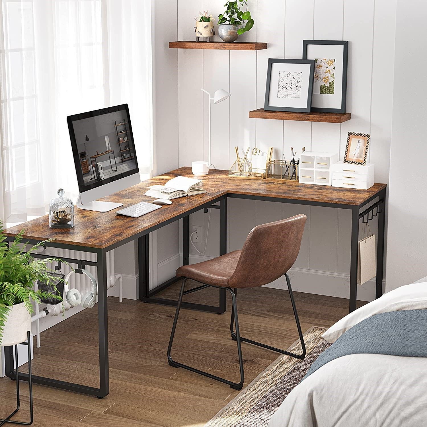 Home Office Desk with 8 Hooks 140 x 60 x 75 cm Rustic Brown and Black Price