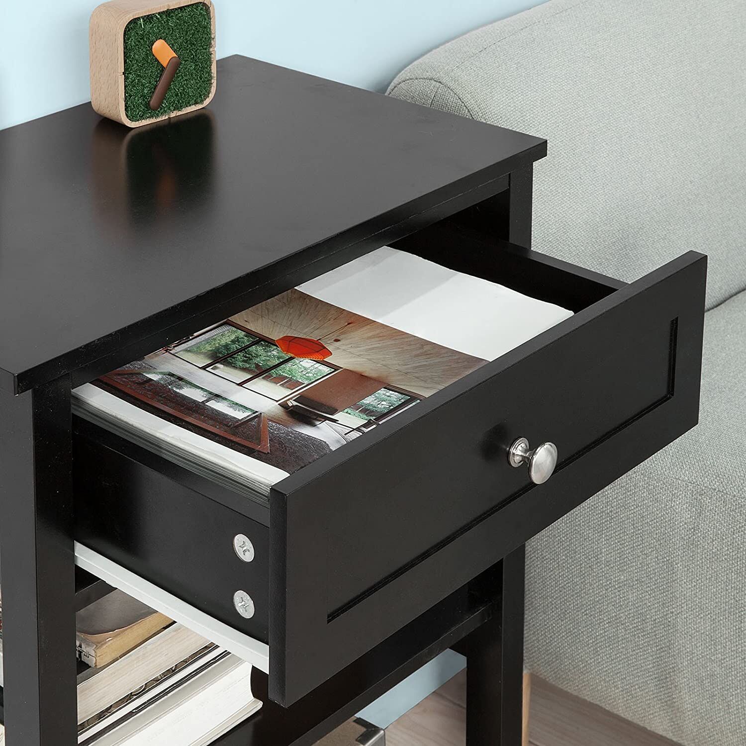 Black Bedside Table with 1 Drawer and 2 Shelves Price