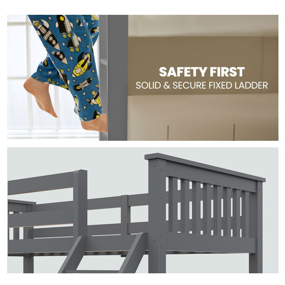 KINGSTON 2in1 Single on Double Bunk Bed Kids Solid Wood Timber Loft Furniture Slats, Grey Price
