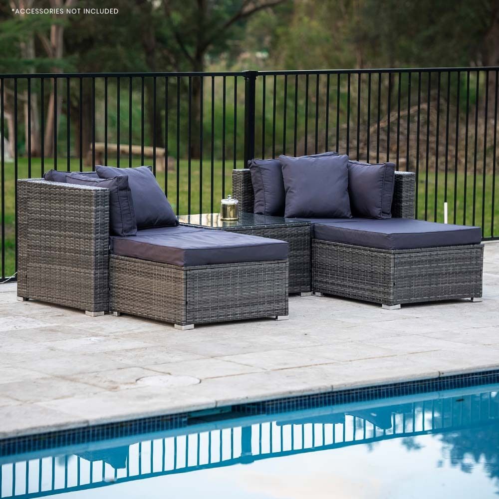 LONDON RATTAN 4 Seater Modular Outdoor Lounge Setting with Coffee Table, Ottomans, Grey Price