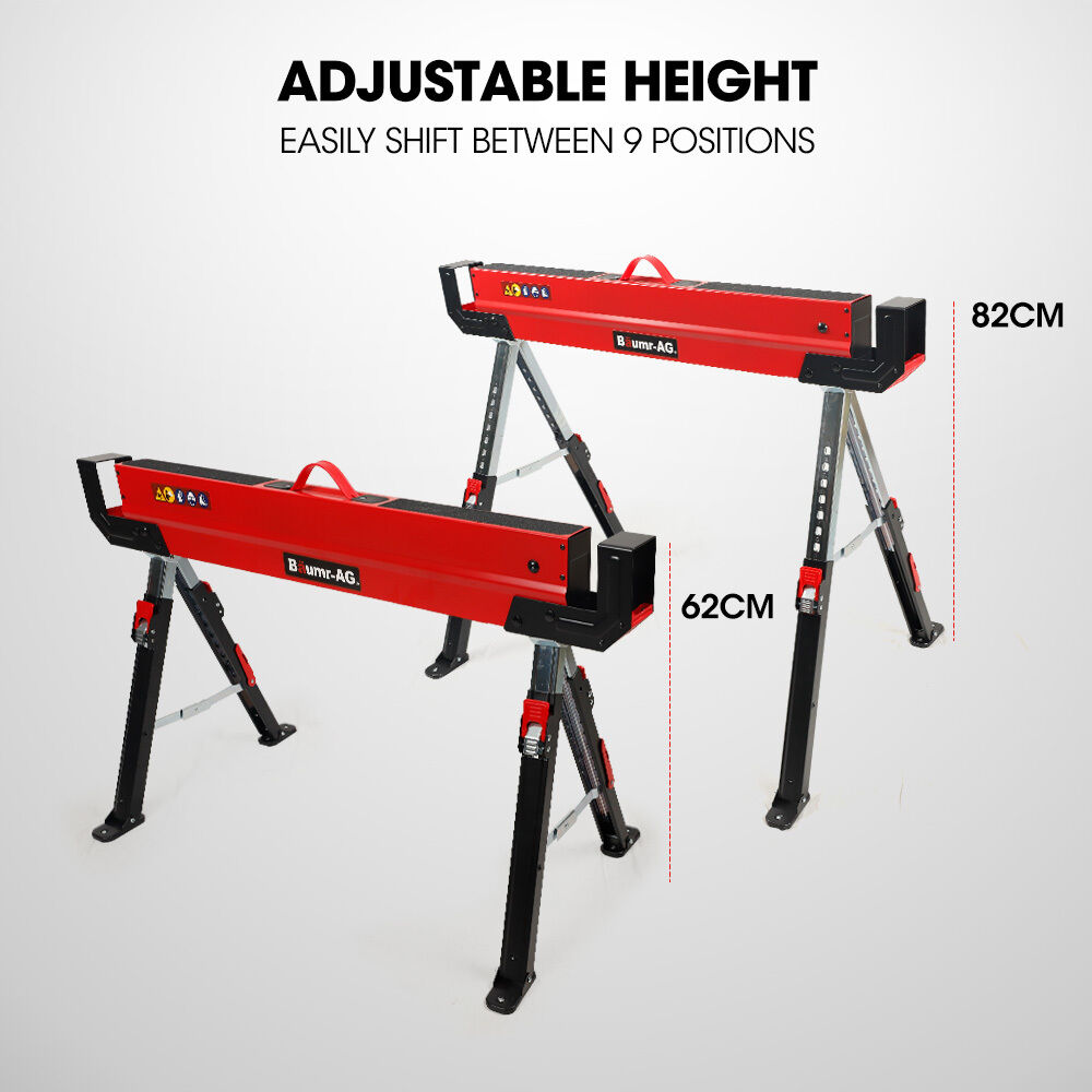 BAUMR-AG 2 x Steel Saw Horse, Folding Height Adjustable Sawhorse, 1180kg Capacity, 2x4 Support Arms Price