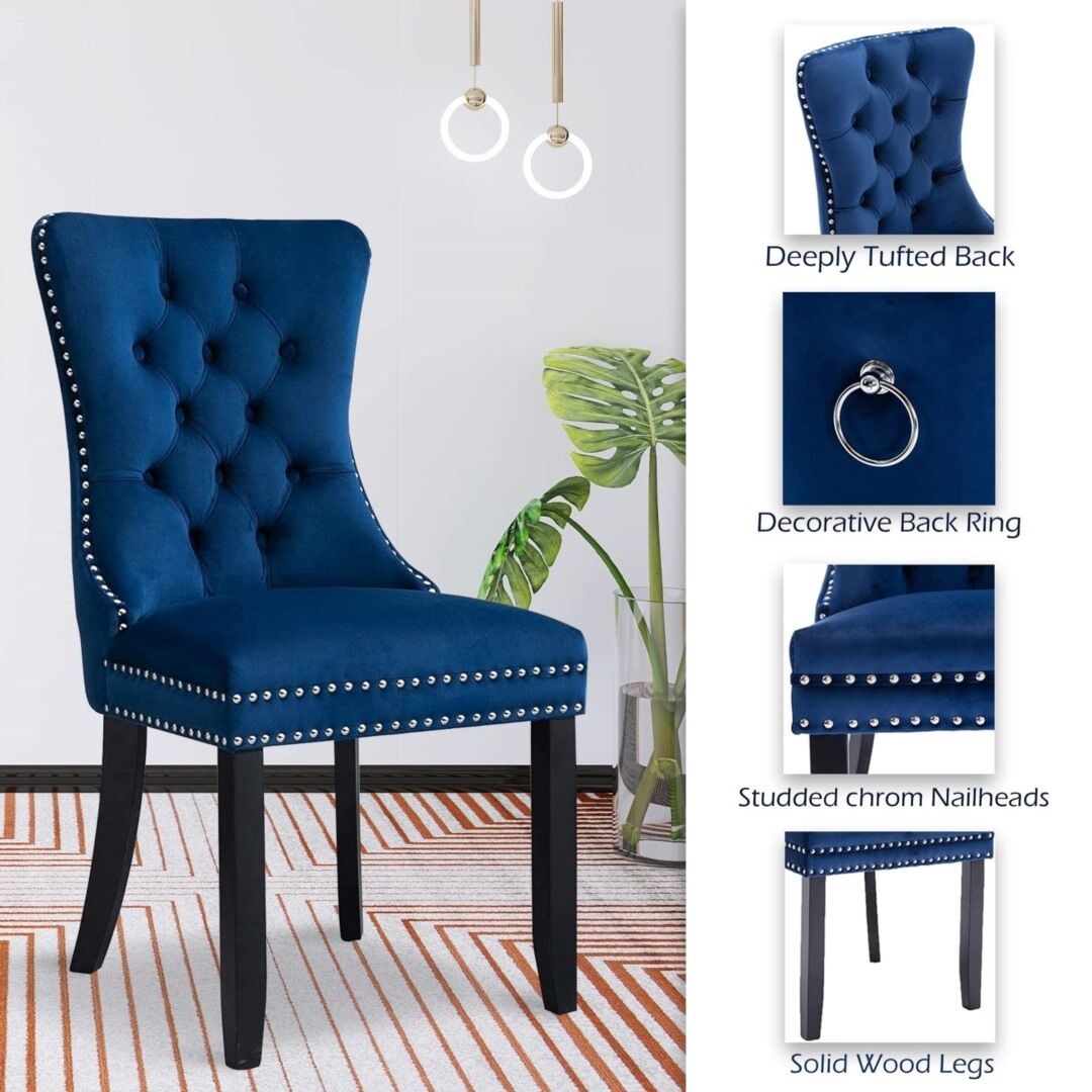 6x Velvet Dining Chairs Upholstered Tufted Kithcen Chair with Solid Wood Legs Stud Trim and Ring-Blue Price