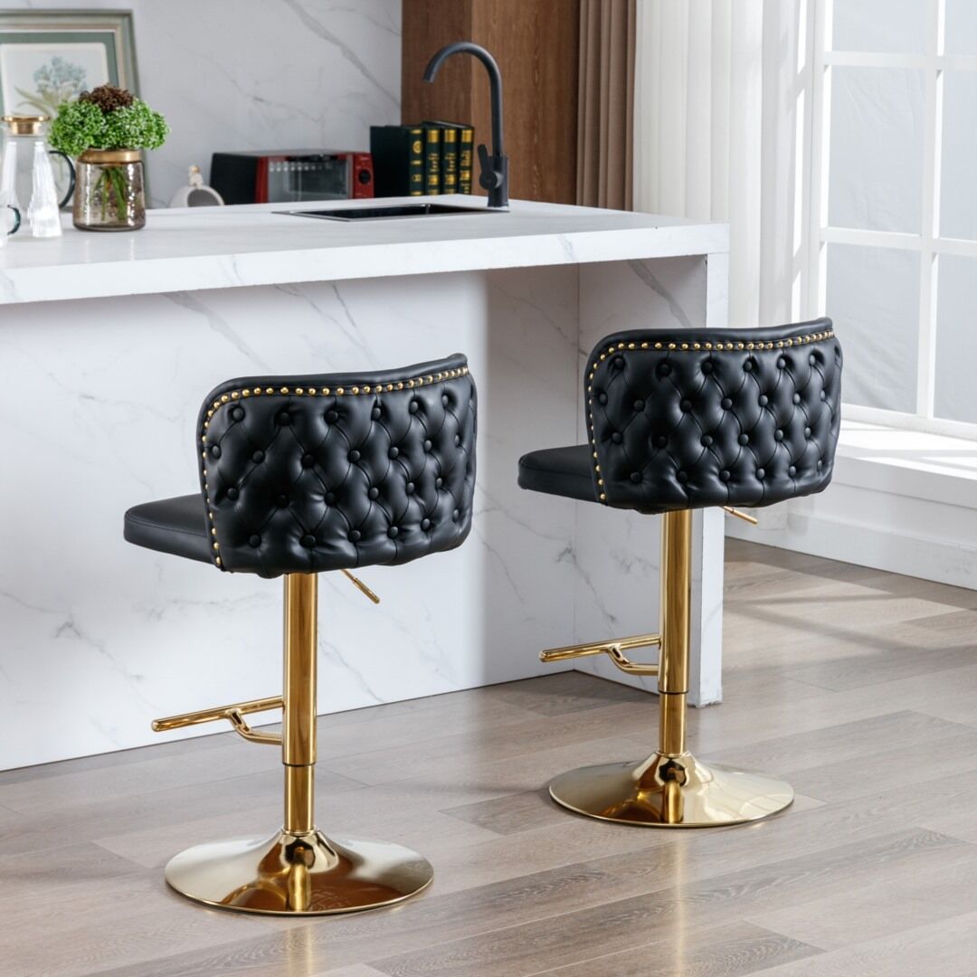 2x Faux Leather Golden Base Swivel Bar Stools- Black Price