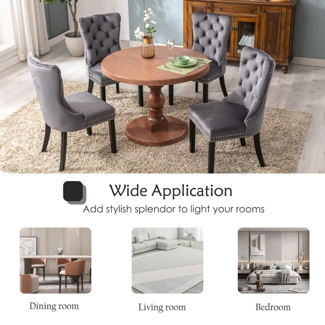 2x Velvet Dining Chairs Upholstered Tufted Kithcen Chair with Solid Wood Legs Stud Trim and Ring-Gray Price