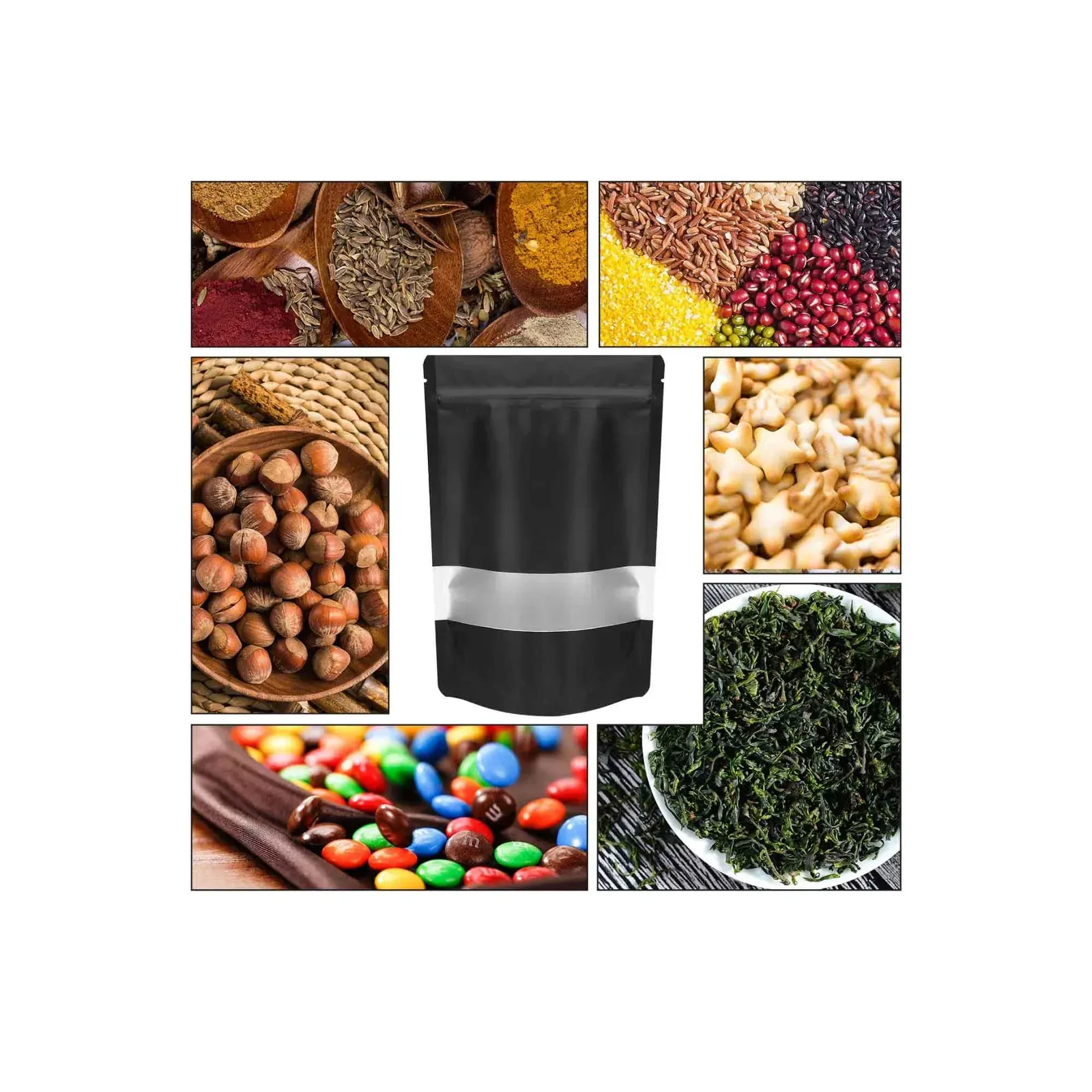 100 Resealable Mylar Stand Up Bags 28.5x19cm - Black Food Packaging Zip Pouch Price
