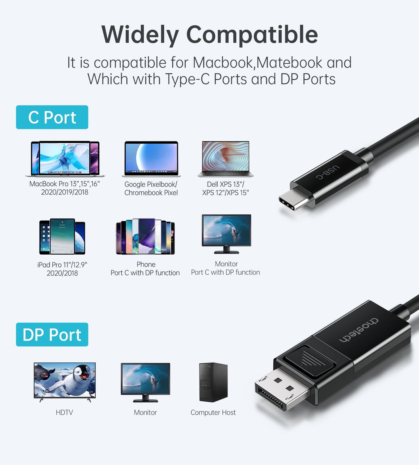 CHOETECH XCP-1803 USB-C To DisplayPort Cable 8K@30Hz 1.8M Two-Way Price