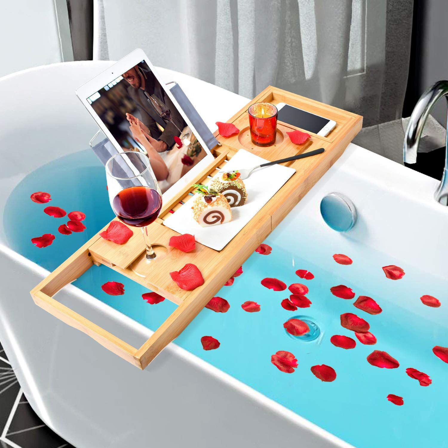 Bamboo Bathtub Bath tub Tray Table Caddy Tray Cellphone,Book,Tray Wineglass Holder Price