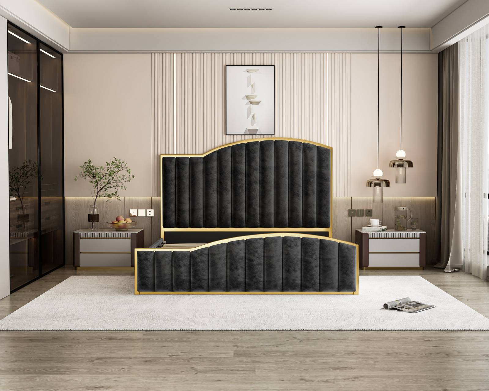 King Size Elegant Luxury Bedframe with Gas Lift Storage Charcoal Velvet Fabric Golden Trim Price