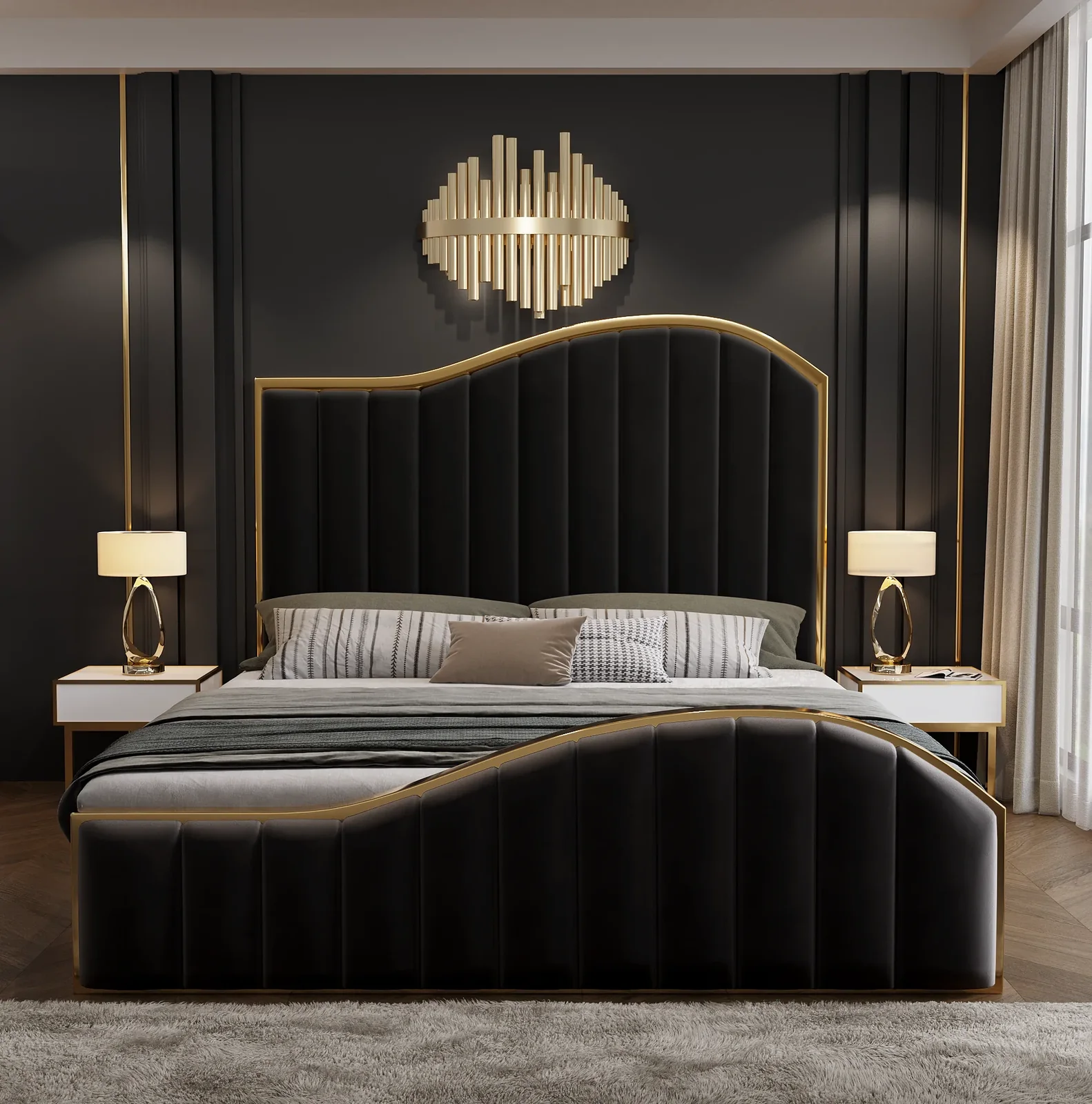 Queen Size Black Velvet Fabric Golden Metal Storage Elegant Luxury Bedframe Price