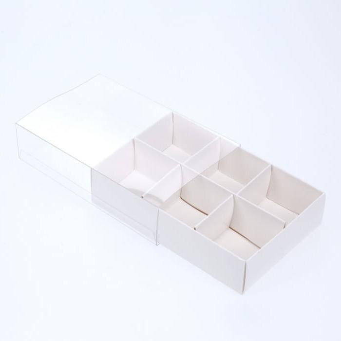 100 Pack of White Card Chocolate Sweet Soap Product Reatail Gift Box - 6 Bay Compartments - Clear Slide On Lid - 12x8x3cm Price